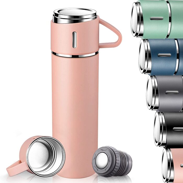 Термос пляшка 500 мл з нержавіючої сталі, BPA Free, герметична ізольована фляга з кришкою та ручкою, для дітей, роботи, школи, рожевий, тримає тепло і холод 12 годин