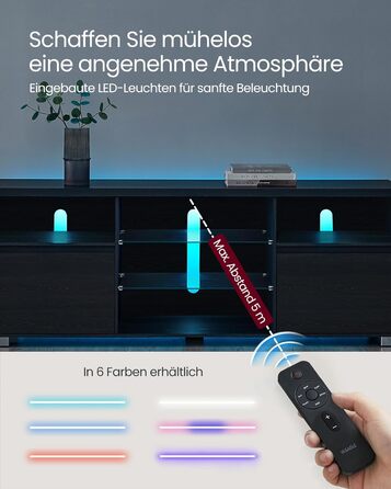 TV-тумба VASAGLE Kailyn LTV331T10 чорна з LED підсвіткою під телевізор до 70 дюймів, з полицями та шафками для вітальні