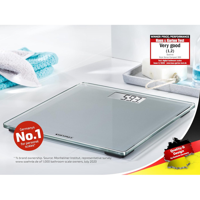 Цифрова вага Soehnle Style Sense Compact 300 для людей, з великою платформою, LCD-дисплеєм, ультратонкий дизайн, скло, сіра