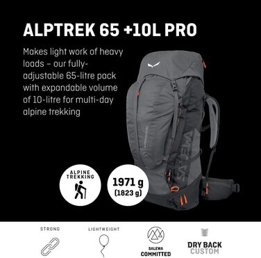 Туристичний рюкзак Salewa ALPTREK 65+10 PRO, 75 л, для трекінгу, чоловічий, водонепроникний