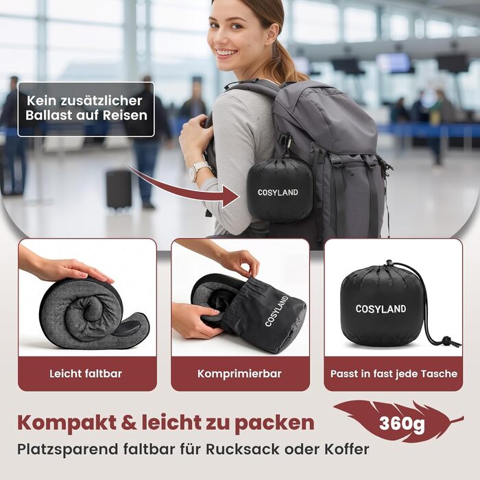 Подорожня подушка для шиї COSYLAND з ефектом пам'яті (Memory Foam) для літака та авто, ергономічна підставка 360°, чорна (набір: маска для сну, беруші, чохол)
