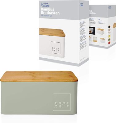 Хлібниця Lumaland Cuisine з металу та бамбуковою кришкою, прямокутна 30,5×23,5×14 см, 2-в-1 контейнер для хліба та обробна дошка, м'ятна