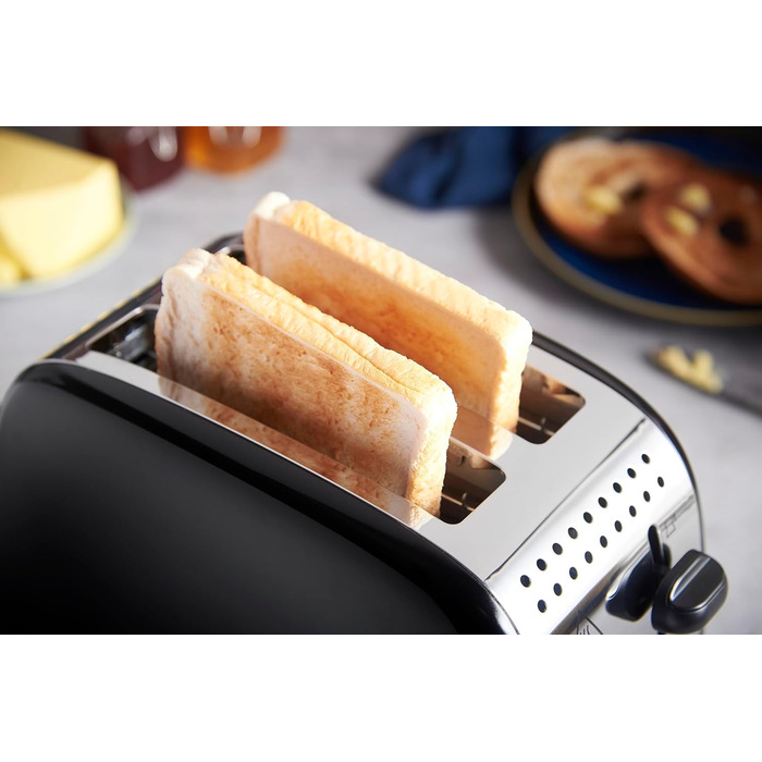 Тостер Russell Hobbs Colours Plus Edelstahl на 2 тости, чорний - з підставкою для булочок, 6 режимів підсмажування, розморожування, функція Lift & Look, 1600 Вт