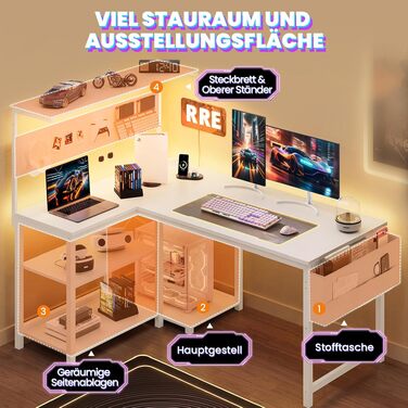 Ігровий стіл YOUDENOVA L-подібний з LED, розеткою USB, поличкою та перфорованою стінкою, 120x80 см. Комп'ютерний стіл для геймерів та дому, білий