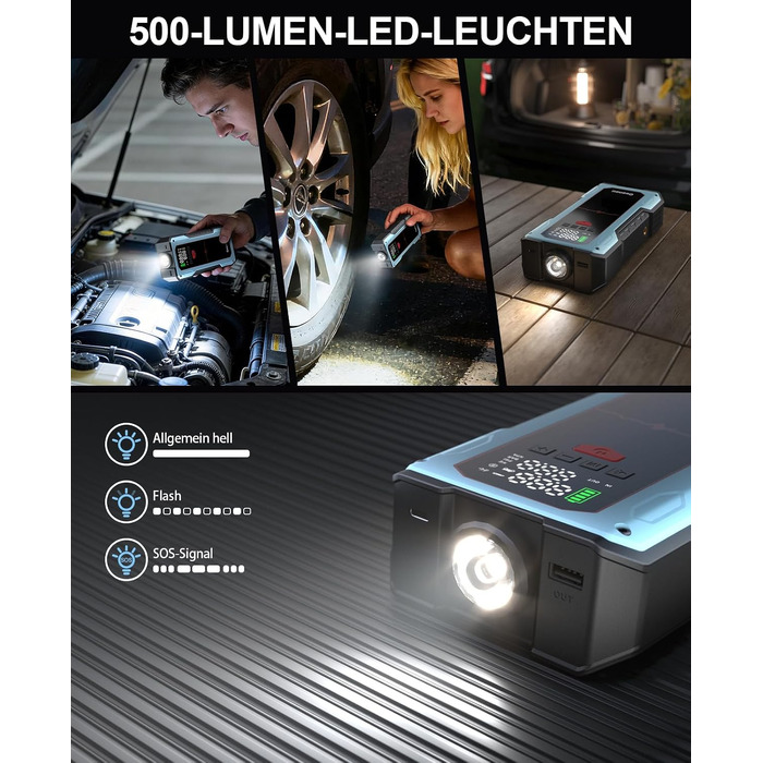 Бустер для авто Starthilfe Powerbank 6000A: пусковий пристрій з компресором 150 PSI, 12V для бензинових (до 9л) та дизельних (до 7.5л) двигунів, синій