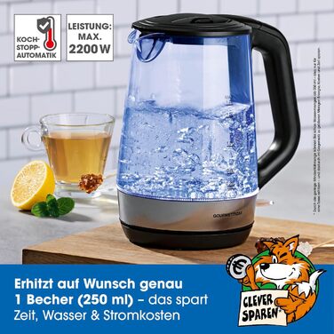 Електричний чайник зі скла GOURMETmaxx з LED підсвіткою, швидким закипанням, фільтром від накипу, об'ємом 1,7 л, потужністю 2200 Вт