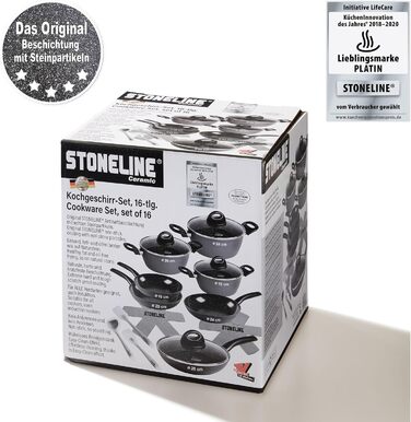STONELINE керамічний набір каструль для індукції, 16 предметів, антипригарне покриття без PFAS, зі скляними кришками та частками натурального каменю, чорний