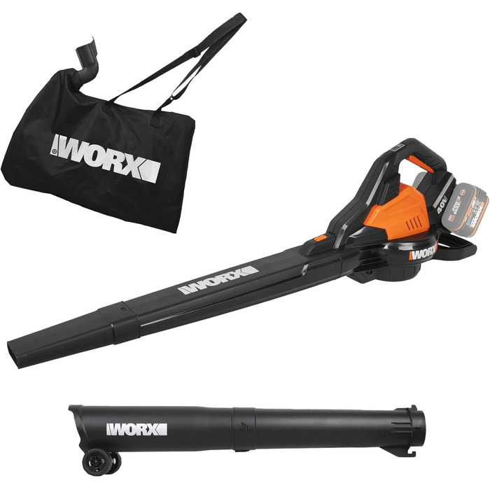 WORX WG505E Trivac: електроприлад 3-в-1 - повітродувка, пилосос та мульчер. Потужність 3000 Вт, швидкість повітря 335 км/год, об'єм всмоктування 600 м³/год, з мішком для збору листя 45 л.