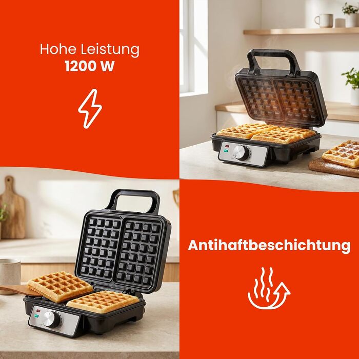 Вафельниця електрична Duo 1200W з антипригарним покриттям та регулюванням температури, срібляста (на 2 вафлі)