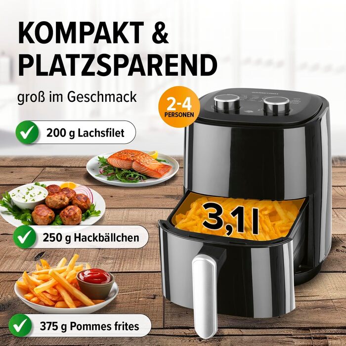 Аерофритюрниця GOURMETmaxx 3,1 л, потужність 1350 Вт, 6 функцій (включаючи розморожування та підігрів), таймер на 60 хвилин, енергоощадна безмасляна фритюрниця