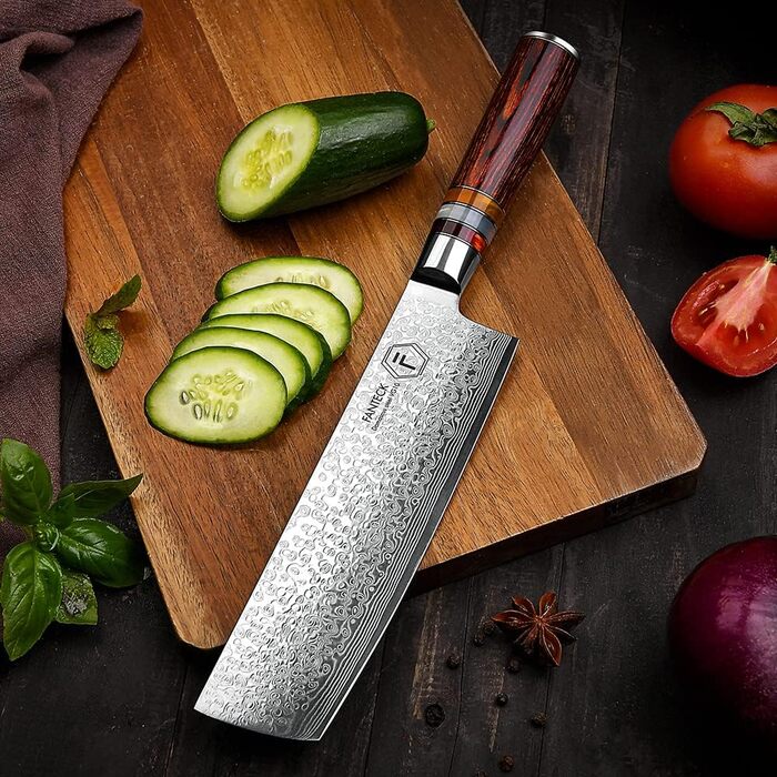 Японський ніж Gyuto FANTECK з дамаської сталі 20 см (67 шарів VG-10) - професійний кухонний ніж з дерев'яною ручкою Pakkawood, подарункова коробка