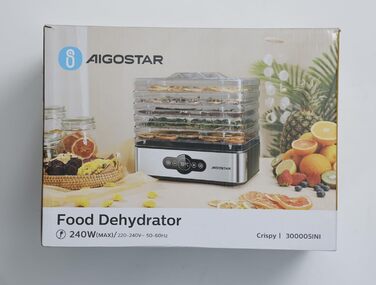 Дегідратор Aigostar Crispy 240Вт, 5 лотків, з таймером та терморегулятором, з нержавіючої сталі, для м'яса, овочів, фруктів, BPA-free