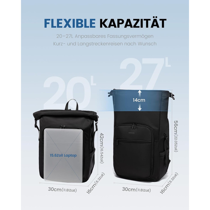 LOVEVOOK Рюкзак Rolltop, водонепроникний, 17 дюймів, для ноутбука, чорний. Ідеально для подорожей, університету, школи та велосипеда.