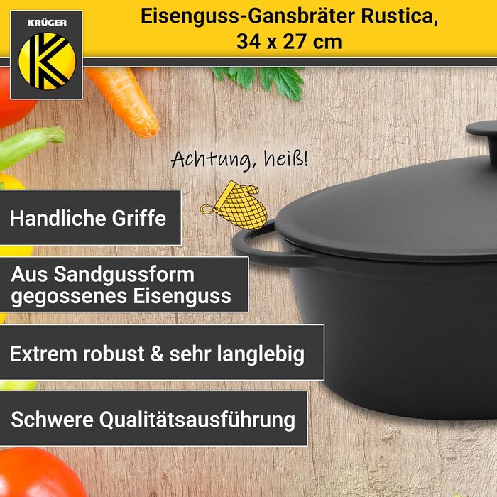 Жаровня Krüger Rustica з кришкою, емальована, чавунна, для гуски, 34×27×12,5 см, висока термостійкість, підходить для всіх типів плит, включаючи індукцію