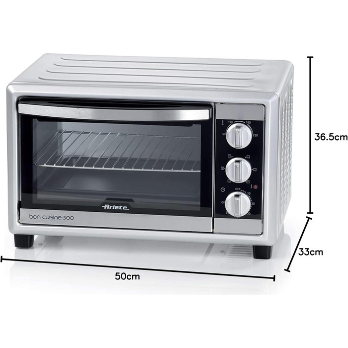 Духовка електрична Ariete 984 Bon Cuisine 250 з конвекцією, 30 л, сріблясто-чорна, 6 режимів, таймер 60 хв, 1500 Вт, подвійне скло