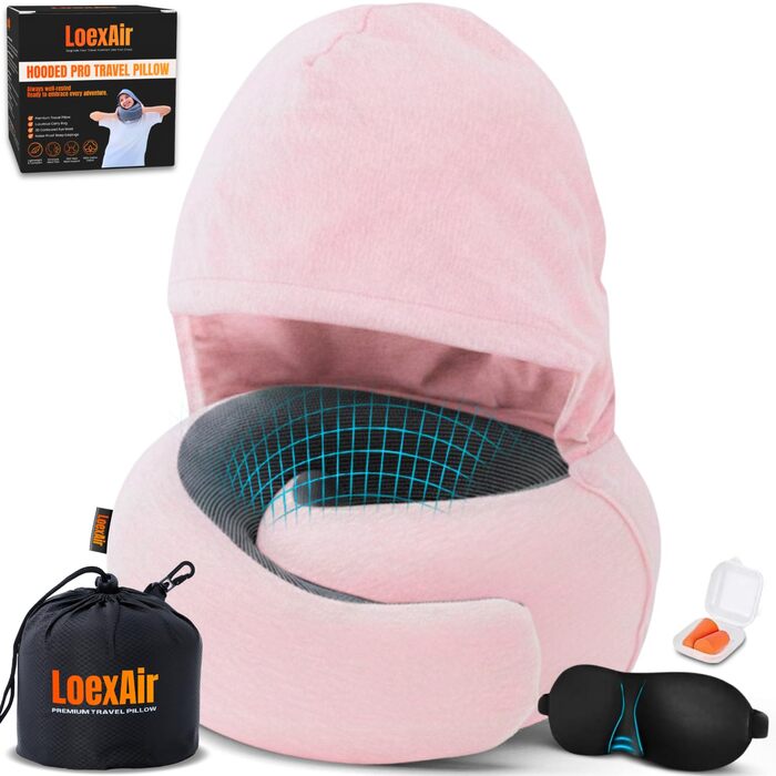 Подорожня подушка для шиї з капюшоном з ефектом пам'яті (Memory Foam) для літака та авто, 100% бавовна, захист від світла, Sakura Pink, Hooded Pro