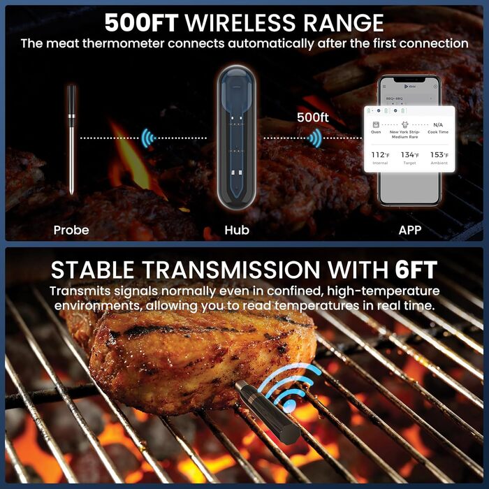 Бездротовий термометр для м'яса для гриля та копчення, 500FT, Bluetooth, для BBQ, духовки, гриля, коптильні, Sous Vide - блакитний
