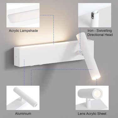 Світильник Klighten LED настінний, 2 шт, 3W+3W, 3000K, чорний алюміній, 2 плафони, 330° обертання, 60° регулювання, для спальні, тепле біле світло, з двома вимикачами
