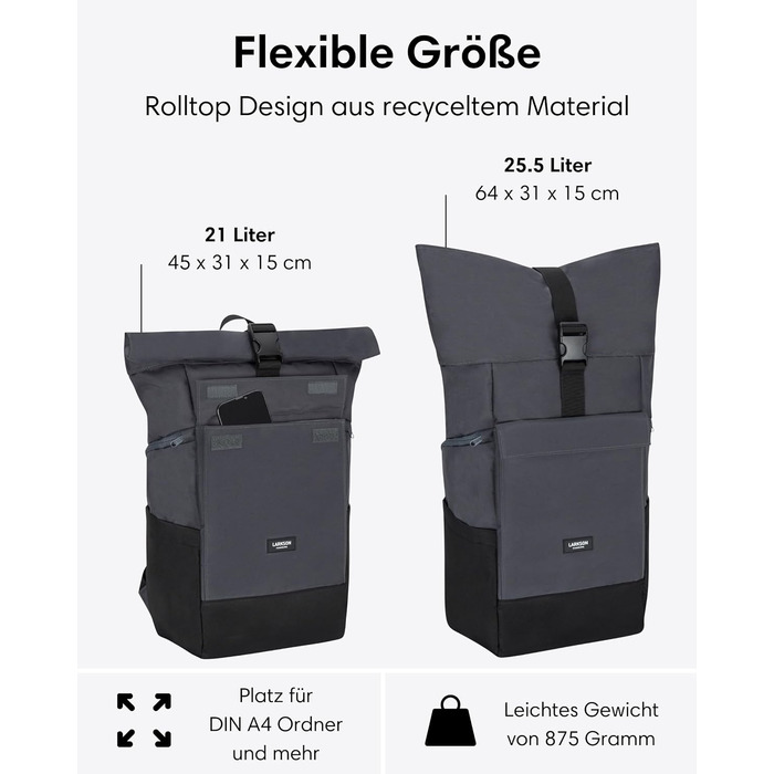Рюкзак LARKSON Rolltop 21 л для ноутбука 16'' сірий — універсальний міський рюкзак для жінок і чоловіків, для університету, роботи, велосипеда, подорожей, з відділенням для ноутбука та кріпленням на валізу