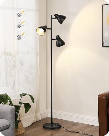 Торшер EDISHINE 163 см, 3 лампи, чорний, з LED-лампою E27, регульований, вінтажний, для вітальні, спальні, офісу, з індивідуальними вимикачами, сучасний дизайн, лампа у комплекті