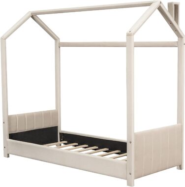 Дитяче ліжко Merax 90x200 см, бежеве, з каркасом, підлогове, з узголів’ям і узніжжям, без матраца, для хлопчиків та дівчаток