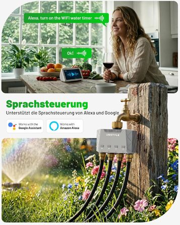 Розумний таймер для поливу GardenLife з Wi-Fi, 4 канали, керування через додаток та голосові команди, 5 програм поливу для газону та саду