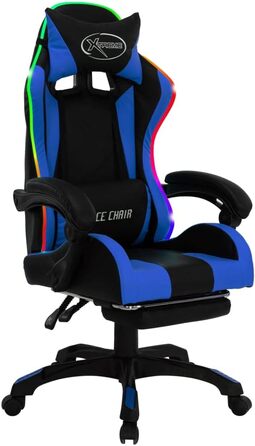Ігрове крісло vidaXL з RGB LED, підставка для ніг, регульоване по висоті, офісне, комп'ютерне, спортивне, синьо-чорне, екошкіра