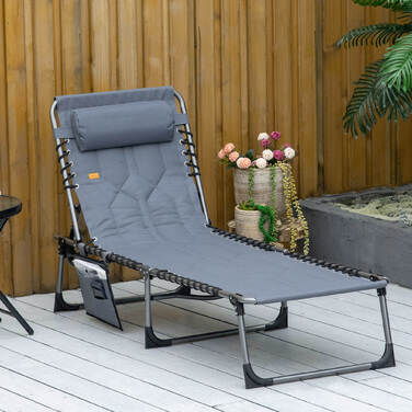 Outsunny Sun Lounger, складний садовий шезлонг з подушкою, бічна сумка, шезлонг з регульованою спинкою в 5 напрямках, стійкий до погодних умов шезлонг для кемпінгу з вантажопідйомністю до 130 кг, для садового пляжного басейну, сірий