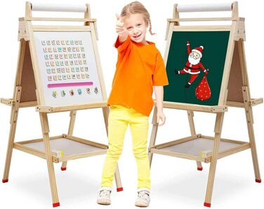 Дитячий двосторонній мольберт із рулоном паперу, whiteboard та грифельною дошкою, дерев'яний, регульований за висотою, бронзовий