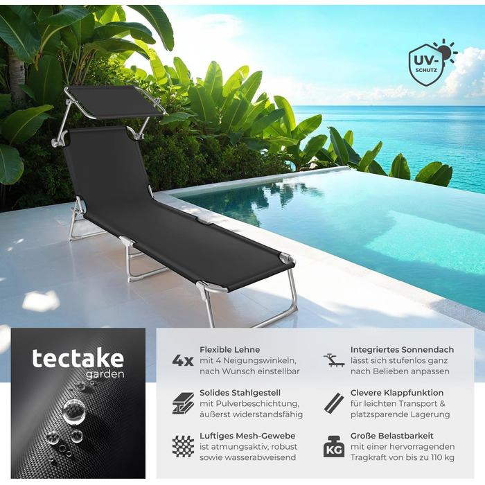 Шезлонги для саду Tectake (2 шт.) з сонцезахистом, розкладні, для балкона/тераси, регульована спинка, до 110 кг, чорний