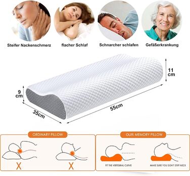 Ергономічна подушка з ефектом пам'яті Memory Foam для шиї та голови, ортопедична підтримка HWS для сну на боці та спині, з гігієнічним чохлом з бамбука (Білий)