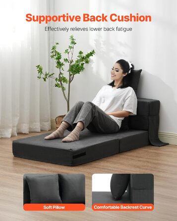 Диван-ліжко VEVOR 3-в-1 розкладний, з подушками, знімним чохлом, піна Memory Foam, сірий (односпальний) 1860x730x150 мм
