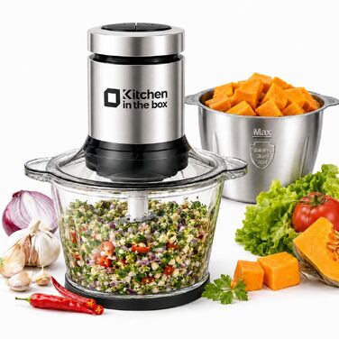 Електричний багатофункціональний подрібнювач Kitchen in the box 400W: 2 чаші по 2л (скло та нержавіюча сталь), 4 ножі, 2 режими швидкості для м'яса, овочів, горіхів та соусів, сріблястий