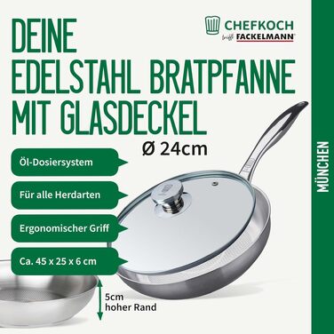 Набір сковорідок FACKELMANN Chefkoch München з нержавіючої сталі 2 шт. (24 та 28 см) для індукційних плит, з кришкою для сковороди 24 см
