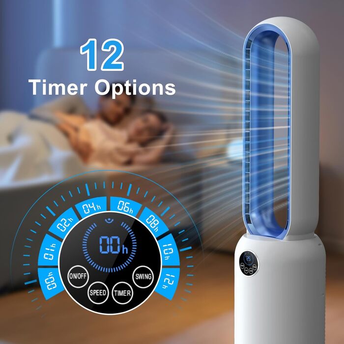 Безлопатевий вентилятор Turmventilator 88 см, з LED-дисплеєм, пультом, таймером 12 год, 90° осциляція для спальні/офісу (синій)