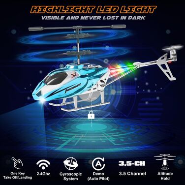 Радіокерований вертоліт Hubschrauber 2.4G з LED підсвіткою для хлопчиків та дорослих (від 12 років), 3.5 канали, гіростабілізатор, фіксована висота, автоматичний зліт, блакитний