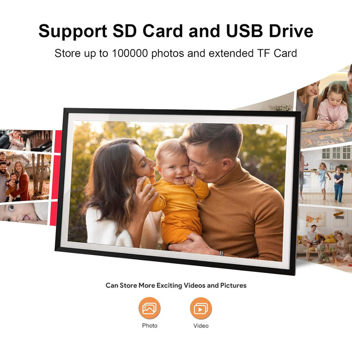 FRAMEO Цифровий фоторамка 15.6 дюймів FHD, сенсорний екран, 32GB, Wi-Fi, віддалене завантаження фото та відео, календар, погода, музика, чорний