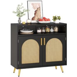 Сервант-комод YITAHOME чорний, кухонна шафа-буфет з ротанговими вставками, 80x35x75 см