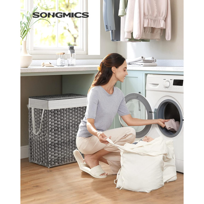 SONGMICS Кошик для білизни з кришкою, 90 л, 2 відділення, знімний мішок з ручками, ручне плетіння, для спальні та ванної, сірий, 33×46×60 см
