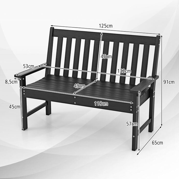 Садова лава COSTWAY з HDPE, всепогодна, чорна, для 2-3 осіб, до 320 кг, для саду, балкона та тераси, 132x65x91 см