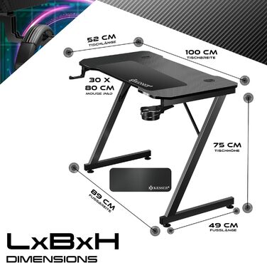 Ігровий стіл KESSER® LED 100x60 см | З-подібний стіл для геймерів | Кріплення для навушників & вуглецеве покриття | Ергономічний стіл для ПК | Стабільний стіл з підстаканником, білий/карбон з LED підсвіткою