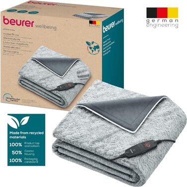 Електрична грілка-ковдра Beurer HD 75 Nordic Grey Green Planet, з переробленого матеріалу, 6 температурних режимів, м'яка, автоматичне вимкнення, 180x130 см