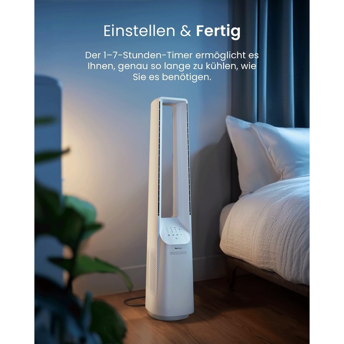 Вентилятор без лопатей Pro Breeze 101 см з LED дисплеєм, 6 швидкостей, 5 режимів, авто-коливання 60°, таймер 7 годин, управління через додаток та пульт, білий