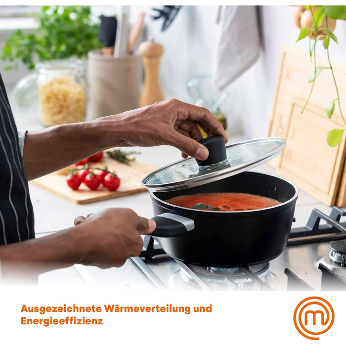Каструля MasterChef з антипригарним покриттям та скляною кришкою, 20 см, алюмінієва, індукційна, універсальна для всіх типів плит, чорна, для супу та макаронів, колекція Aluminum Essentials