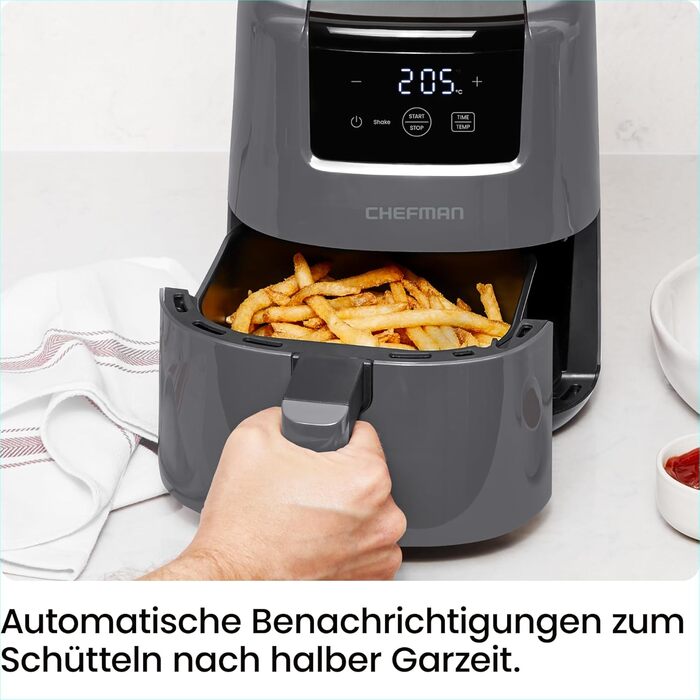 Фритюрниця Chefman 2L з гарячим повітрям - компактна, з антипригарним покриттям, для швидких та простих страв, з цифровим таймером та нагадуванням про струшування - сіра