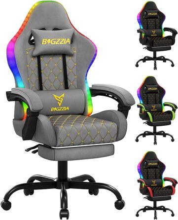 Ігровий крісло Bigzzia з RGB LED підсвічуванням - ергономічне геймерське крісло з підтримкою попереку та підніжкою, регульоване та поворотне, з PU-шкіри, 150 кг, сірий