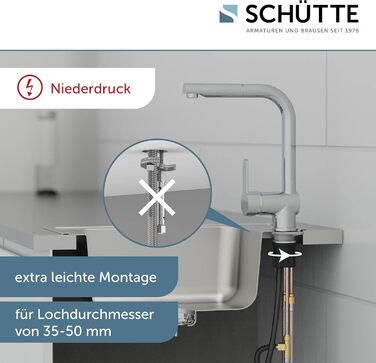 Змішувач кухонний SCHÜTTE LONDON з висувним душем, поворотний на 360°, хром, для мийки, низький тиск 29.8 см