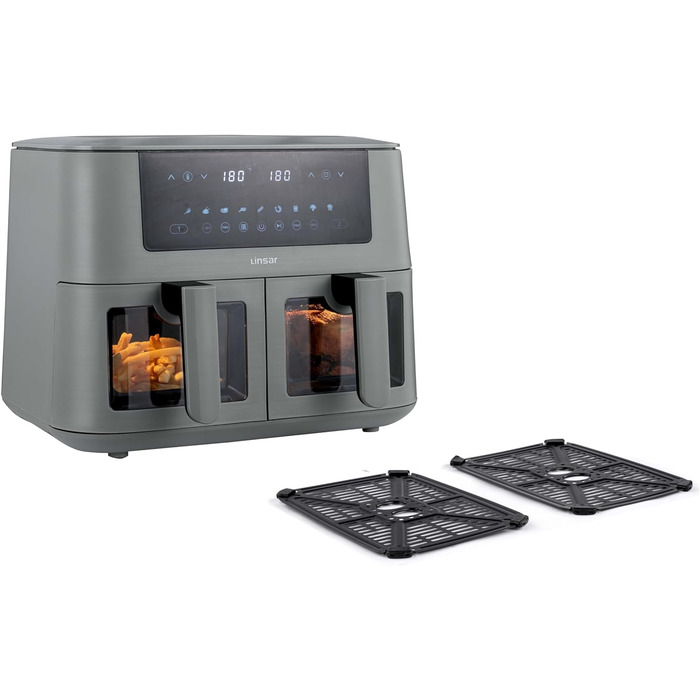 Linsar Dual Zone аерофритюрниця з двома камерами, 8 л, 2 кошики зі скляним вікном, сенсорне управління, 9 програм, Dual Cook, синхронізація, 2570-3040 Вт, чорна