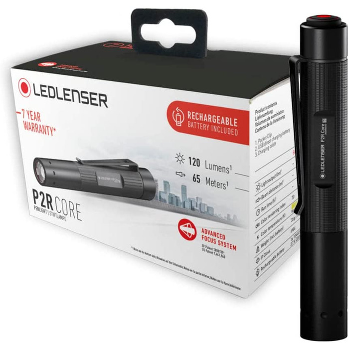 Ліхтарик Ledlenser P2R Core Mini LED, 120 люмен, акумуляторний, фокусування, 3 режими, 65 м, USB-зарядка, кліпса