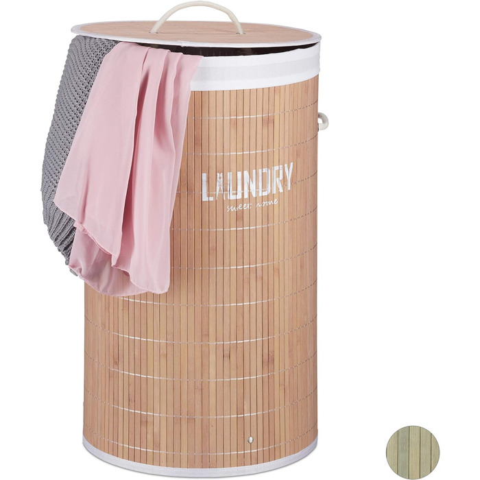 Кошик для білизни Relaxdays з бамбука, 50 л, круглий, з кришкою, мішком, складаний, 60x35 см, натуральний